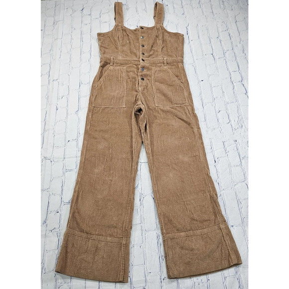 Aerie Kick Flare Thick Corduroy Wide Leg Jumpsuit Overalls Camel Tan WOMENS S - Picture 1 of 15